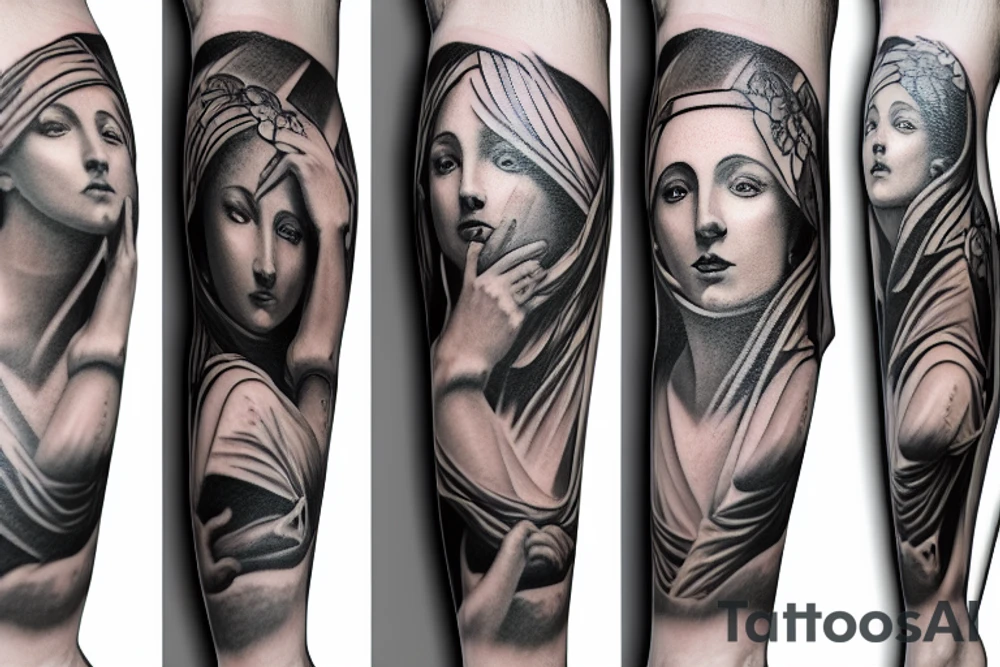 Leg sleeve tattoo of the Stoics virtue, dividing virtue into four main types: wisdom, justice, courage, and moderation tattoo idea