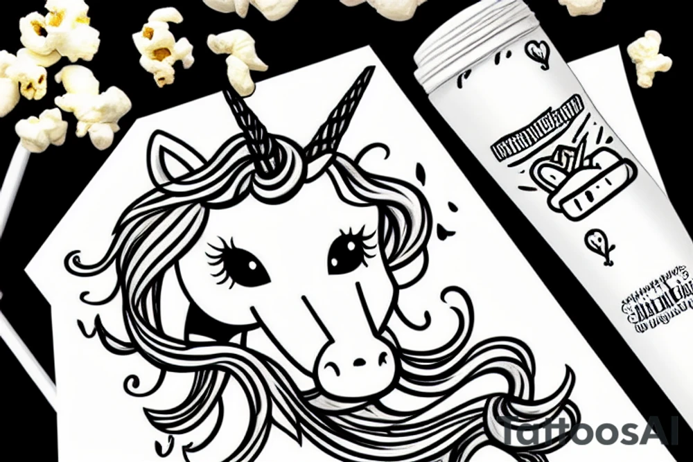 an unicorn smiling and eating popcorn tattoo idea