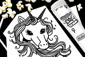 an unicorn smiling and eating popcorn tattoo idea