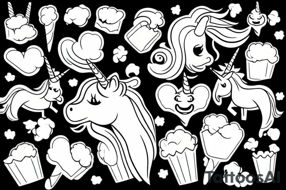 an unicorn smiling and eating popcorn tattoo idea