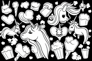 an unicorn smiling and eating popcorn tattoo idea