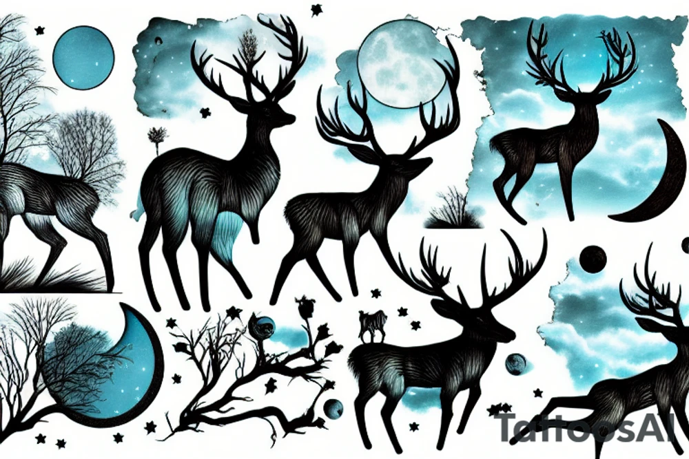 Sky with clouds and moon trees deer tattoo idea