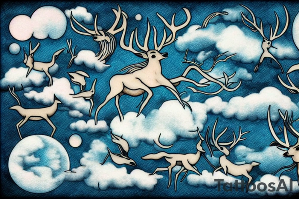 Sky with clouds and moon trees deer tattoo idea
