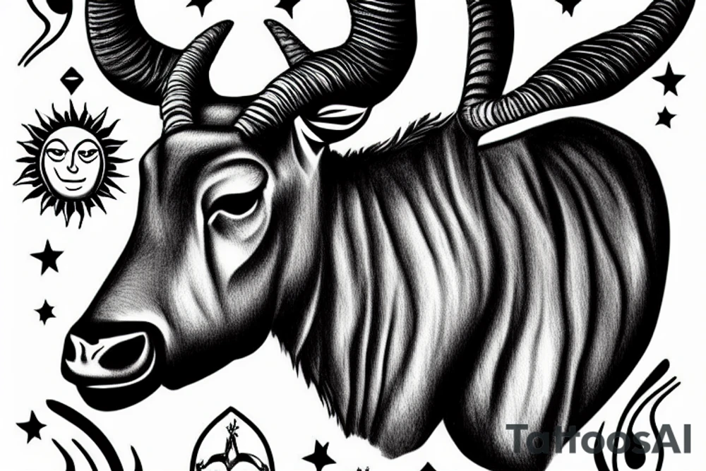 A eland with a sun above its head and between its horns tattoo idea