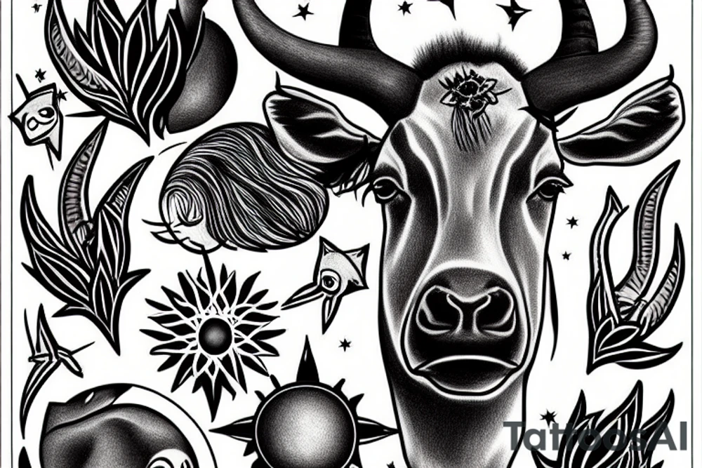 A eland with a sun above its head and between its horns tattoo idea