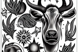 A eland with a sun above its head and between its horns tattoo idea