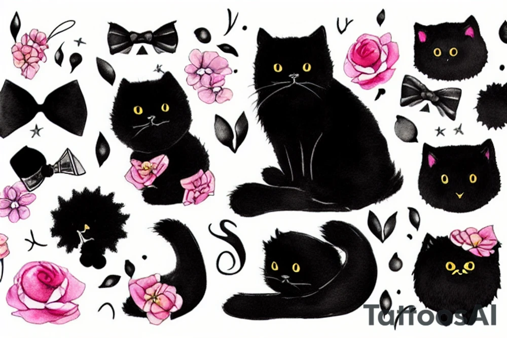 Black fluffy cat with bow tattoo idea