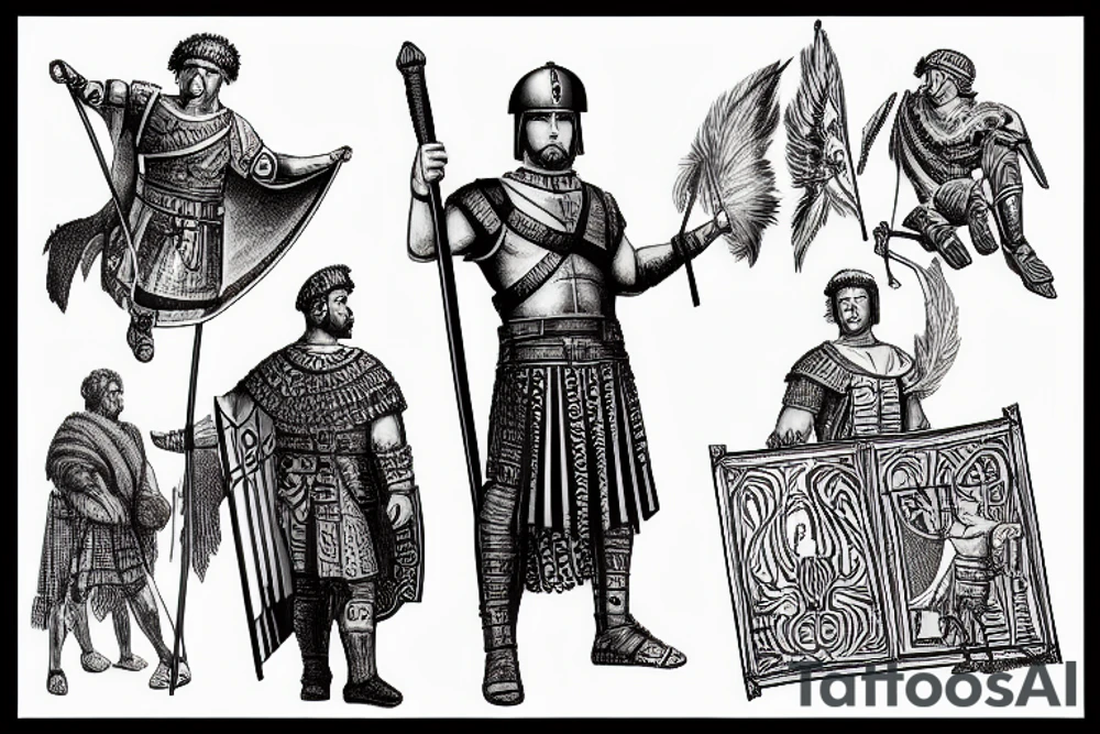 Downcast Roman centurion holding banner flag tattoo idea