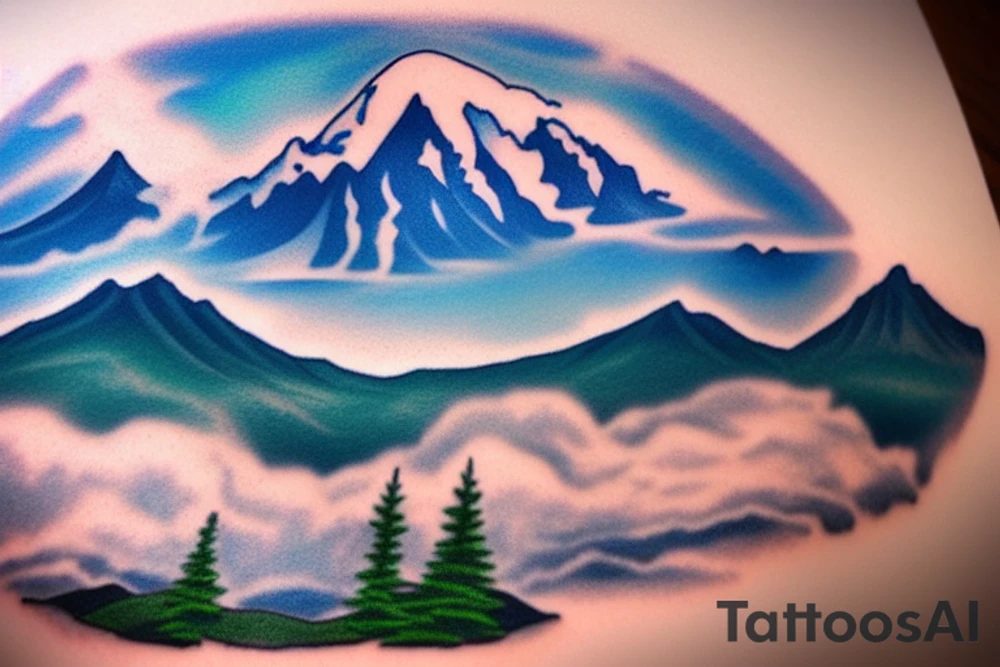 A full back piece consisting of Mt. Rainier in the background with lenticular clouds above and a lake in the foreground. tattoo idea