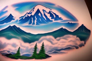 A full back piece consisting of Mt. Rainier in the background with lenticular clouds above and a lake in the foreground. tattoo idea