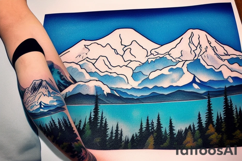 A full back piece consisting of Mt. Rainier in the background with lenticular clouds above and a lake in the foreground. tattoo idea