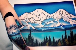 A full back piece consisting of Mt. Rainier in the background with lenticular clouds above and a lake in the foreground. tattoo idea