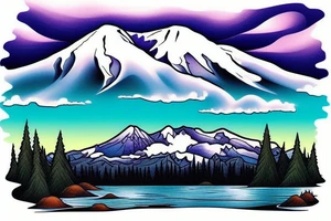 A full back piece consisting of Mt. Rainier in the background with lenticular clouds above and a lake in the foreground. tattoo idea