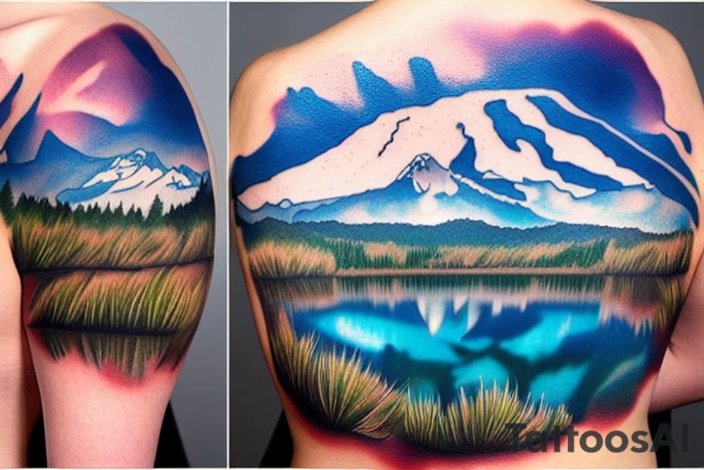 A full back piece consisting of Mt. Rainier in the background with lenticular clouds above and a lake in the foreground. tattoo idea