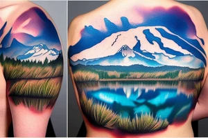 A full back piece consisting of Mt. Rainier in the background with lenticular clouds above and a lake in the foreground. tattoo idea