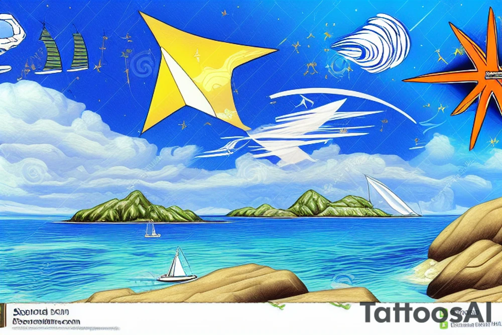 Islands in the background with a sailboat in the foreground and a navigator's star superimposed in the sky above. tattoo idea