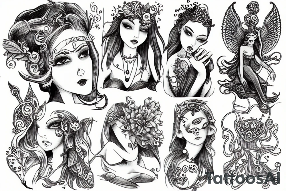 mythological magic girl with mushrooms tattoo idea