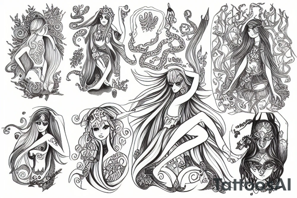 mythological magic girl with mushrooms tattoo idea