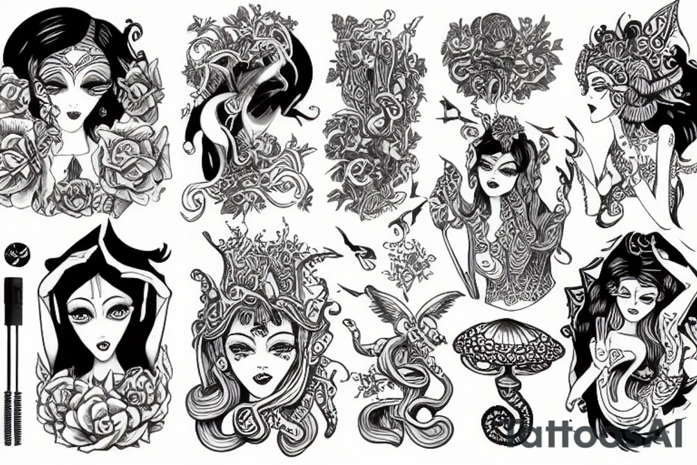 mythological magic girl with mushrooms tattoo idea