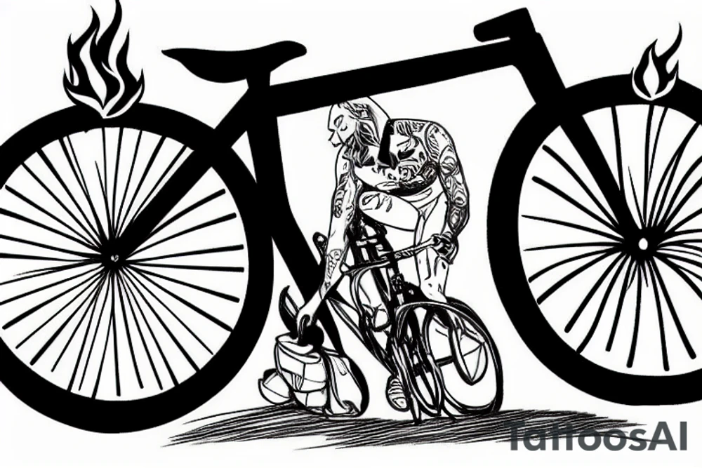 A road cycle with fire at the back wheel tattoo idea