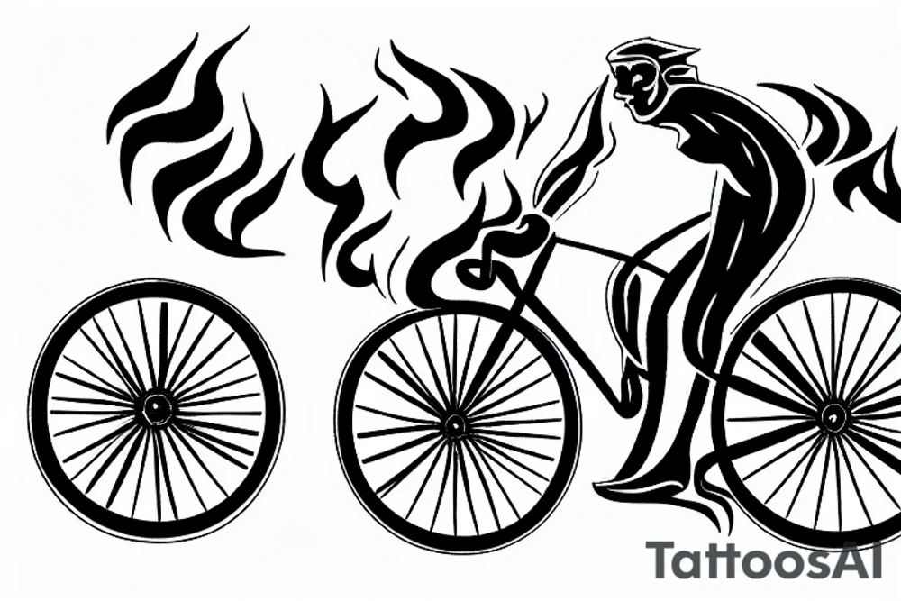 A road cycle with fire at the back wheel tattoo idea