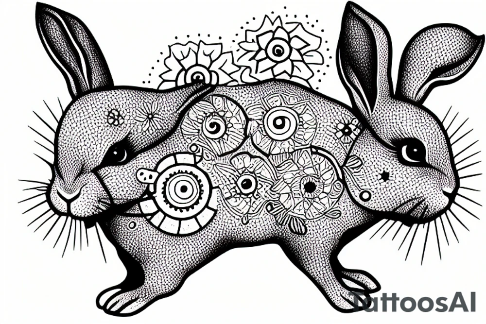 Rabbit watches exploding sun dotwork tattoo idea