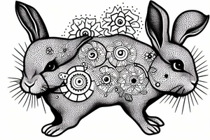 Rabbit watches exploding sun dotwork tattoo idea