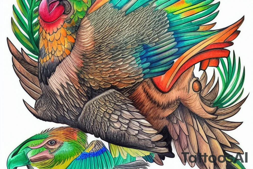 A colourful Kea bird flying up and showing the underside of the wings, the head of a wild boar with tusks under and to the left of the bird and the head of a roaring stag under and to the right of the bird. A green fern between the boar and stag heads. tattoo idea