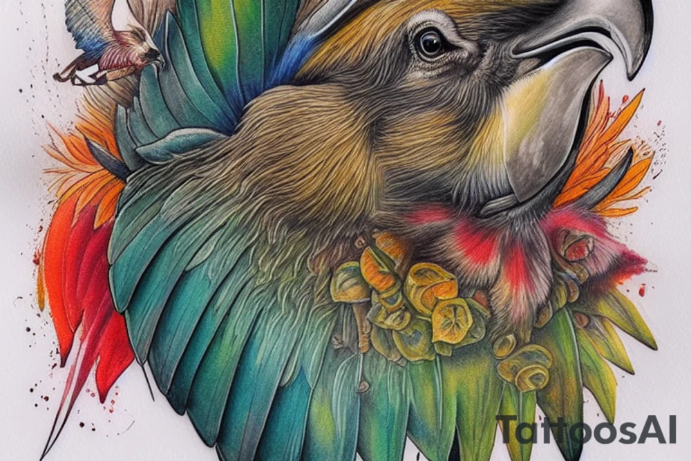 A colourful Kea bird flying up and showing the underside of the wings, the head of a wild boar with tusks under and to the left of the bird and the head of a roaring stag under and to the right of the bird. A green fern between the boar and stag heads. tattoo idea