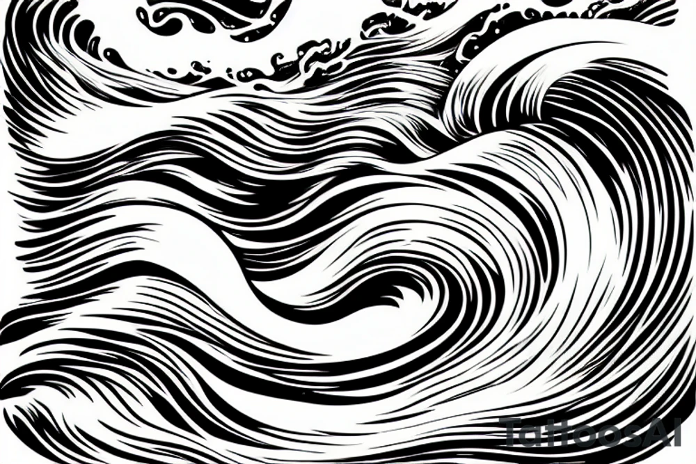 A realistic wave, black and white. Realism, flowing from left to right. water spraying off the wave but not too much. thin but not too thin. Losts of twists and curves tattoo idea