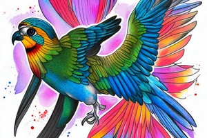 A colourful Kea bird flying up and showing the underside of the wings tattoo idea