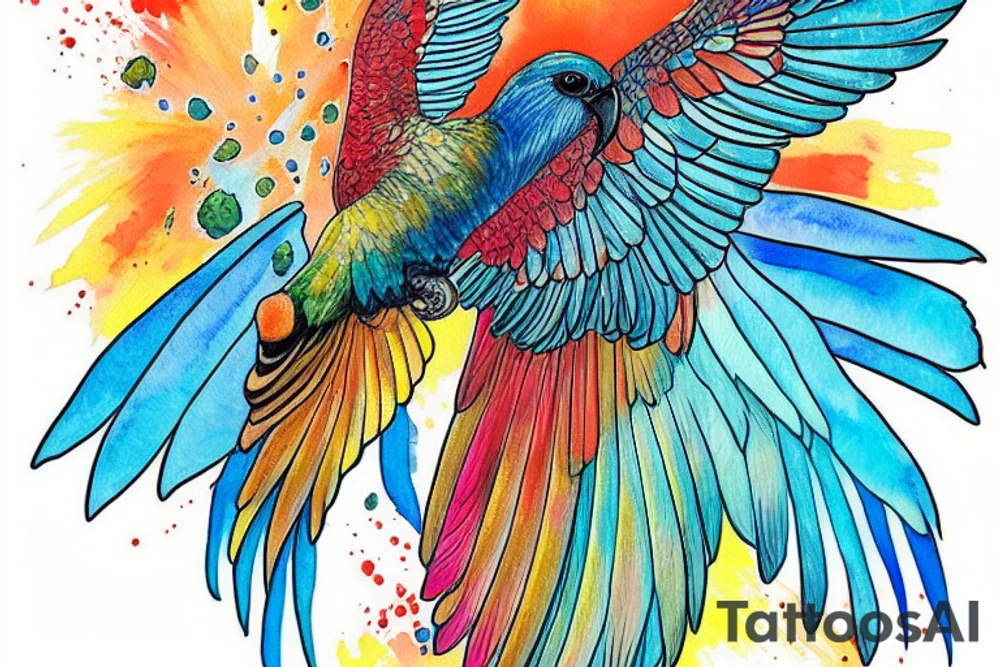 A colourful Kea bird flying up and showing the underside of the wings tattoo idea