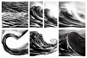 A hyper realistic wave, black and white. Realism, flowing from left to right. water spraying off the wave but not too much. thin but not too thin. Lots of twists and curves. unreal engine tattoo idea