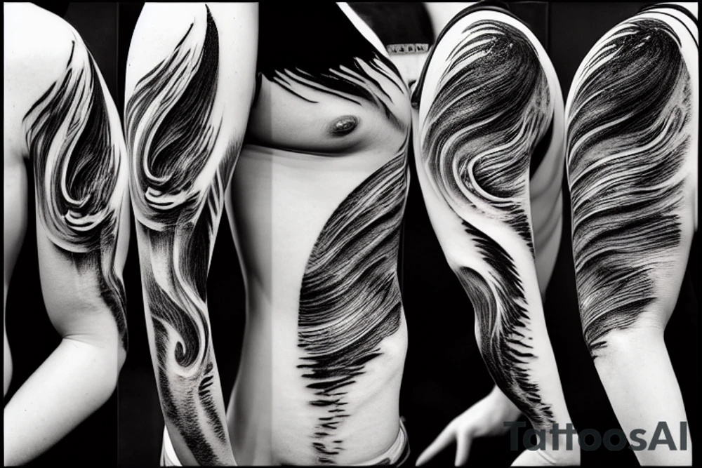 A hyper realistic wave, black and white. Realism, flowing from left to right. water spraying off the wave but not too much. thin but not too thin. Lots of twists and curves. unreal engine tattoo idea