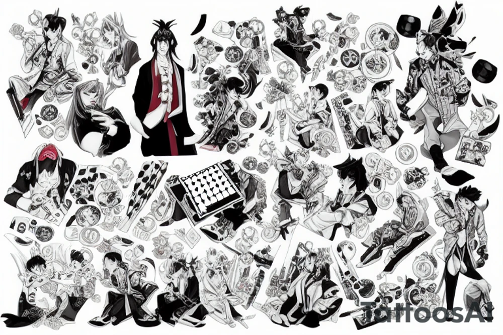 Tiger and bunny in Korean aristocratic clothes playing chess tattoo idea