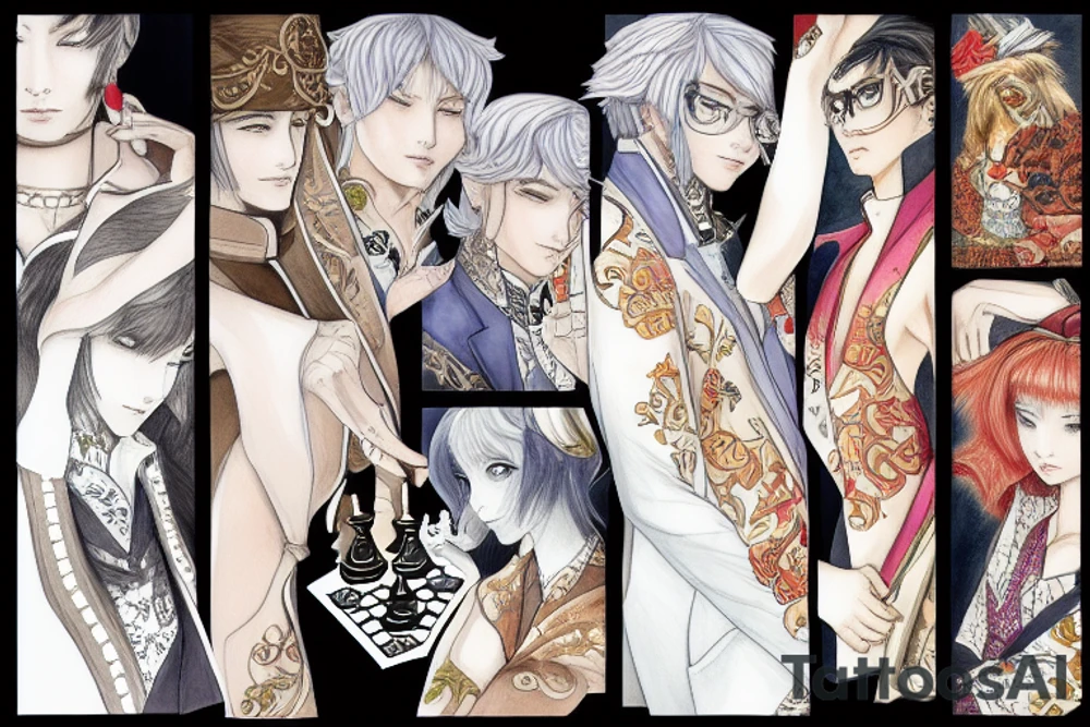 Tiger and bunny in Korean aristocratic clothes playing chess tattoo idea