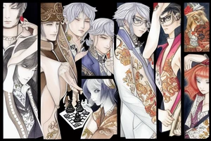 Tiger and bunny in Korean aristocratic clothes playing chess tattoo idea