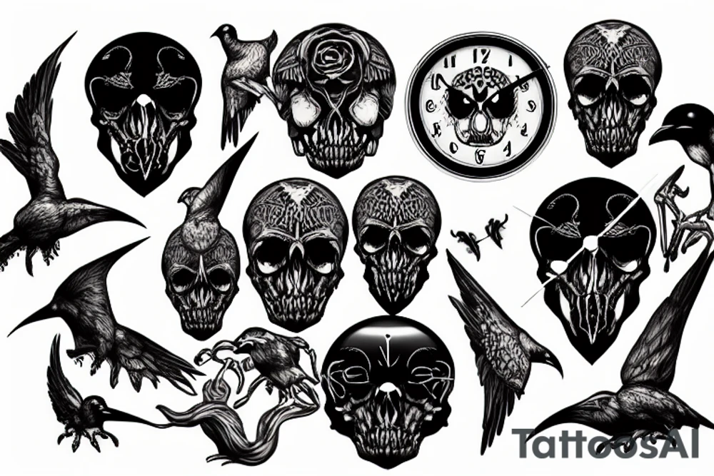 Raven skull clock tattoo idea