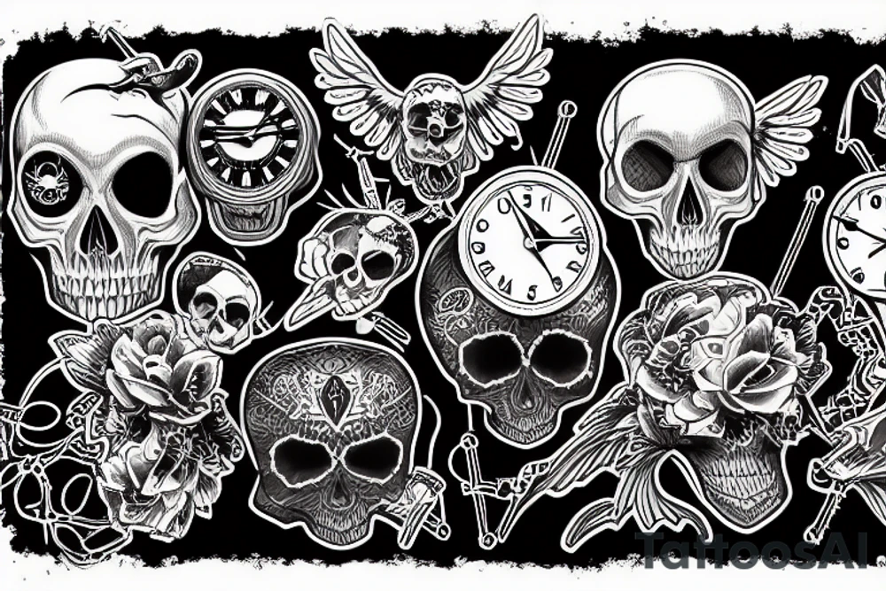 Raven on top of a clock with a skull tattoo idea