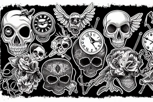 Raven on top of a clock with a skull tattoo idea