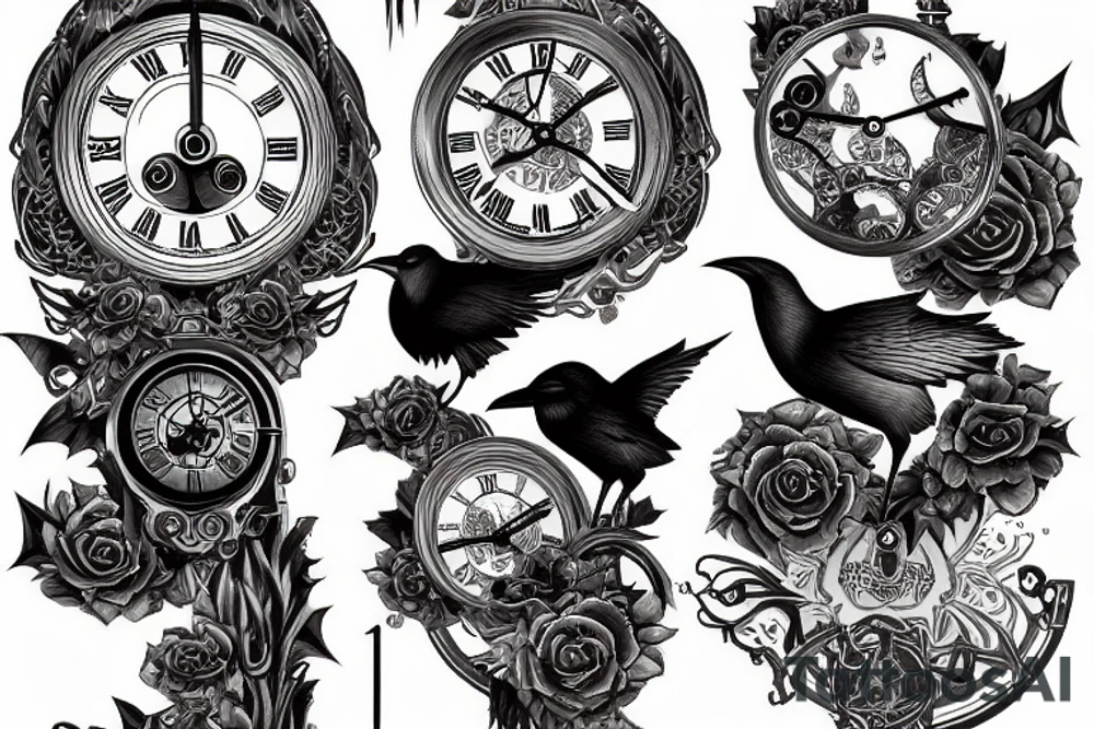 Raven on top of a grandfather clock tattoo idea