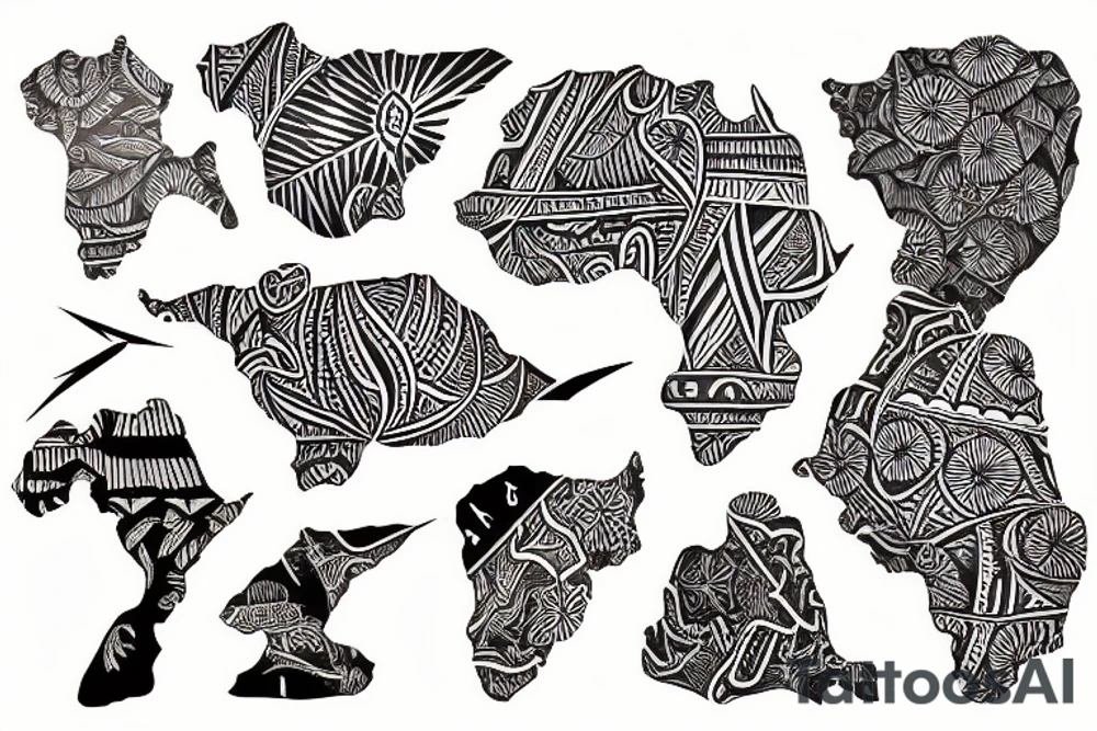 a polynesian style tattoo of a map of africa, a kangaroo and a stingray tattoo idea