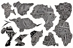 a polynesian style tattoo of a map of africa, a kangaroo and a stingray tattoo idea