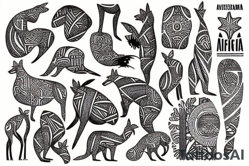 a polynesian style tattoo of a map of africa, a kangaroo and a stingray tattoo idea