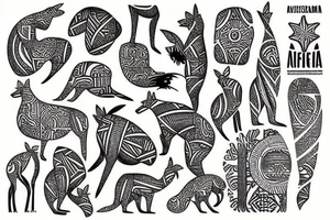 a polynesian style tattoo of a map of africa, a kangaroo and a stingray tattoo idea