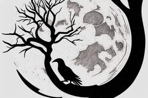 The moon in the background, and a silhouette of a gnarled tree branch with a raven sitting on it in front of the moon tattoo idea
