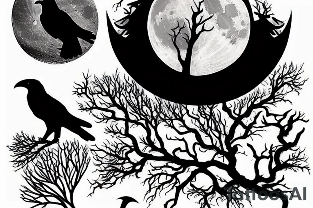 The moon in the background, and a silhouette of a gnarled tree branch with a raven sitting on it in front of the moon tattoo idea