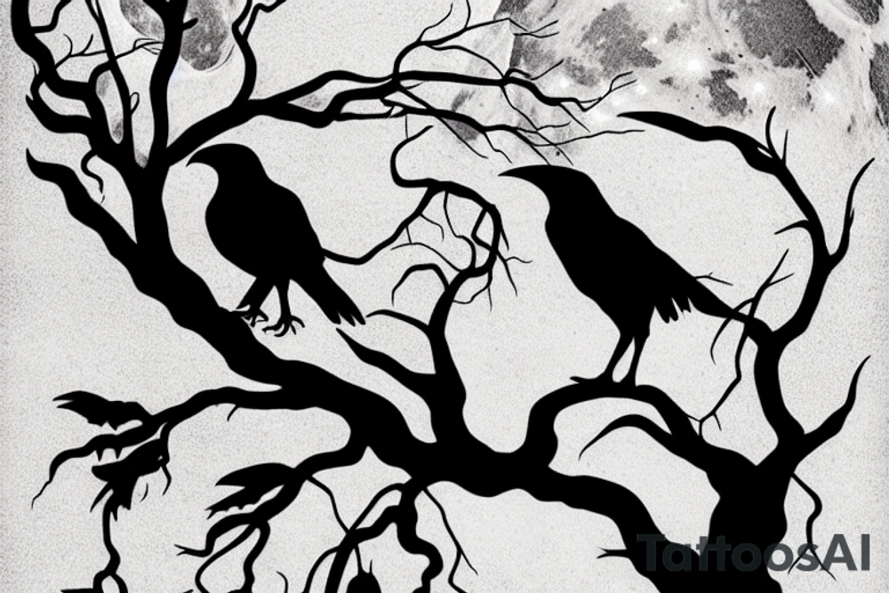 The moon covered by a silhouette of a gnarled tree branch with a raven sitting on it in front of the moon tattoo idea The moon covered by a silhouette of a gnarled tree branch with a raven sitting on it in front of the moon tattoo idea