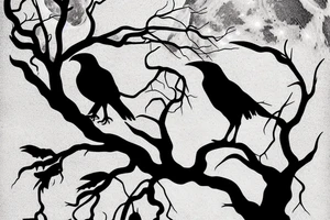 The moon covered by a silhouette of a gnarled tree branch with a raven sitting on it in front of the moon tattoo idea