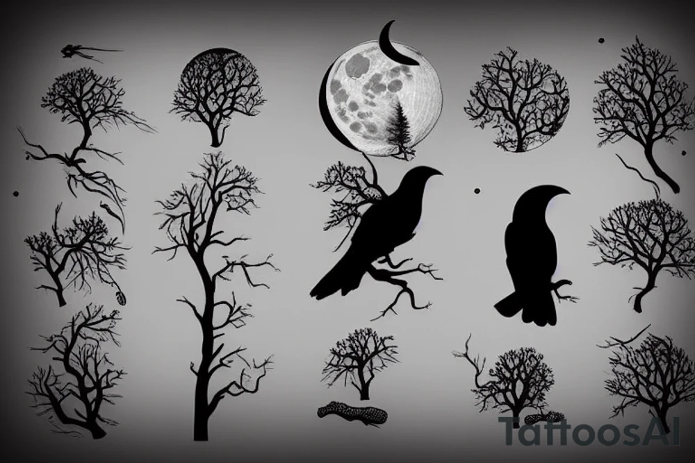 The moon covered by a silhouette of a gnarled tree branch with a raven sitting on it in front of the moon tattoo idea The moon covered by a silhouette of a gnarled tree branch with a raven sitting on it in front of the moon tattoo idea